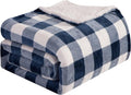 Elegant Comfort Ultra Soft Reversible Buffalo Plaid Flannel Sherpa Blanket - Cozy Silky Checkered Fleece Throw for Couch, Bed - Plush Fuzzy Warm Winter Blanket for Gift, King, Navy