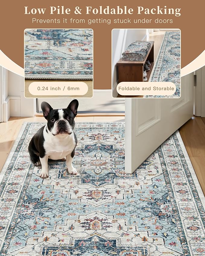 Madane Washable Rug 8x10 Area Rugs for Living Room, Ultra-Thin Non-Slip Backing Rug, Stain Resistant Vintage Large Area Rug for Bedroom (Blue, 8'x10')