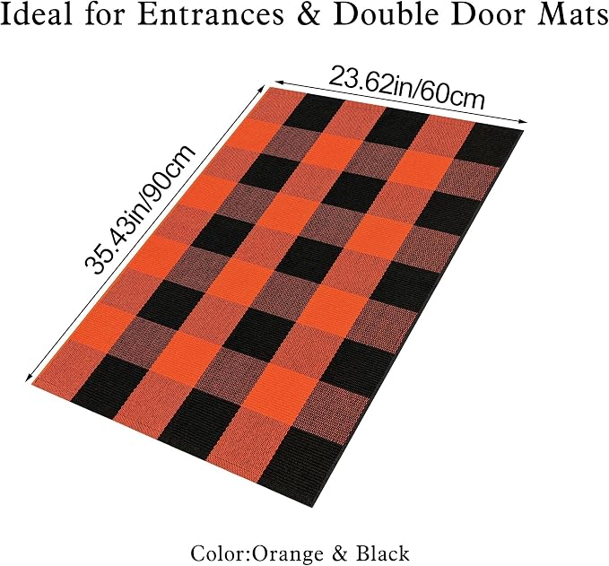 Buffalo Plaid Rug 2x3 Orange and White Outdoor Rug Checkered Cotton Woven Washable Front Porch Fall Layered Door Mats Carpet for Indoor Outdoor Entryway Farmhouse Decor