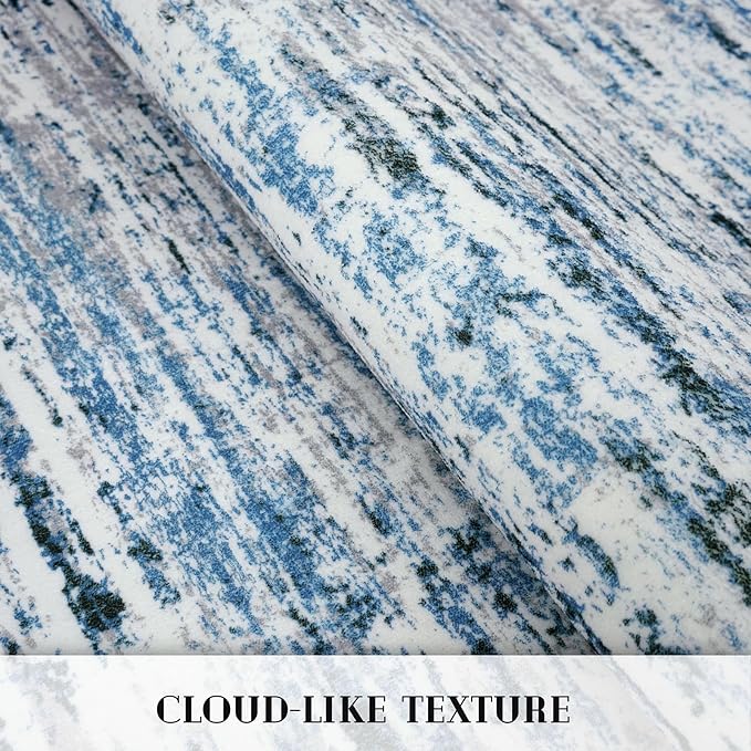 Lansny Modern Abstract Runner Rug 2.6x14, Grey Blue White Washable Long Kitchen Runner Non-Slip Soft Hallway Rug Runner Thin Print Faux Wool Carpet for Entryway Bedroom Laundry Room Indoor Home Decor