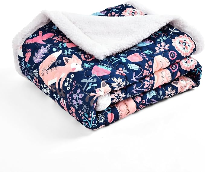 Lush Decor Pixie Fox Sherpa Throw Blanket 50”W x 60" L Navy & Pink - Sherpa Blankets - Toddler Blanket for Bed - Pink Girls Room Decor - Floral Throw