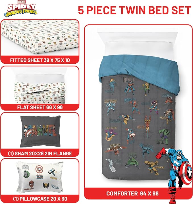 Marvel Comics Avengers Twin Comforter Set 5 Piece Bedding for Boys, Gray | Hulk Captain America, Comforter Sheets Sham Pillowcase, Official Product, Microfiber, Machine Washable, Boys Gift