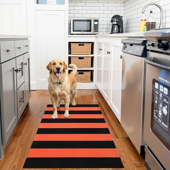 OLANLY Orange and Black Striped Rug 4' x 6' | Washable Cotton Indoor Outdoor Doormat for Front Door, Entryway, Kitchen, Porch, Patio Decor