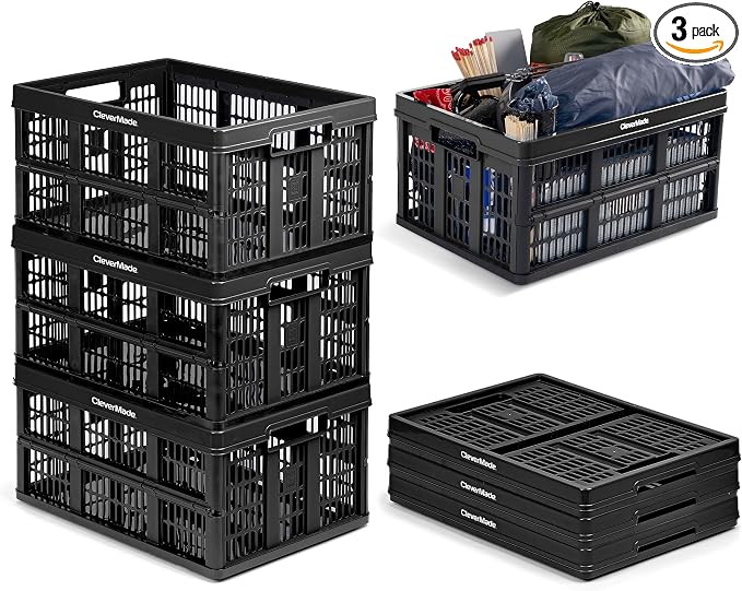 CleverMade Collapsible Utility Crates, 45L, 3 Pack, Obsidian | Interlocking crates stack open or folded and carry 66 lb each. Side handles make groceries, tools, and gear easier to move.