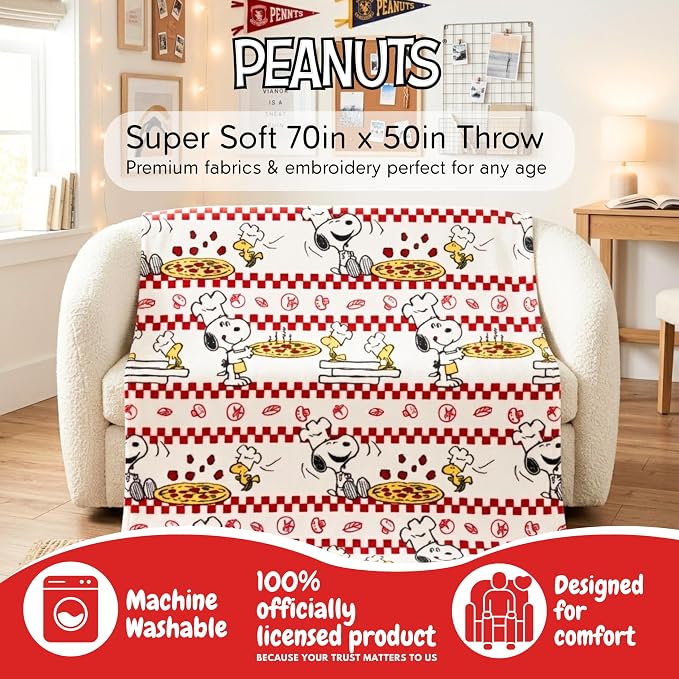 Peanuts® Snoopy Throw Blanket 70 in x 50 in – Soft Cozy Plush for Couch, Bed & Travel - Pizza, (Officially Licensed Product) by Franco