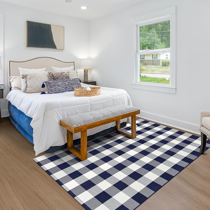 Buffalo Plaid Outdoor Patio Rug 4x6 Feet Buffalo Check Rug Cotton Woven Navy and White Checkered Outdoor Indoor Rug Washable Carpet for Living Room Dining Room Bedroom Farmhouse