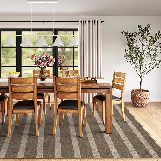 Lahome Striped Easy Jute Outdoor Porch Rug, 5x7 Dining Room Washable Rugs | Patio Area Rug, Modern Farmhouse Neutral Non Slip Stain Resistance Indoor Carpet for Office Deck Classroom Living Room, Khaki