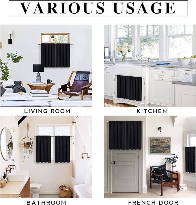 RYB HOME RV Curtains for Camper Windows, Mini Small Thermal Insulated Sunlight Heat Blocking Blackout Privacy Portable Curtains for Travel Trailer, Width 34 by Length 24, Black, 2 Panels