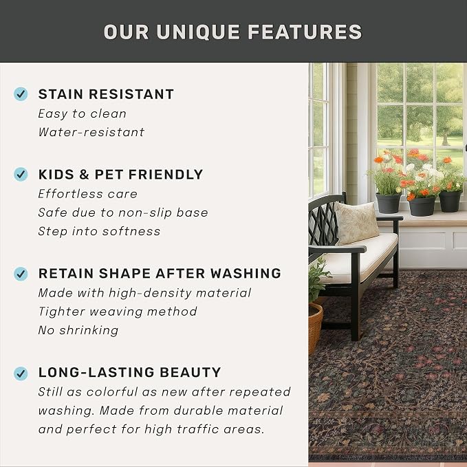 Washable Boho 3x16 Long Runner Rug for Hallway Non Slip, Ultra Thin Large Kitchen Indoor Floor Rugs for Entryway Hall Way, Stain Resistant Low Pile Vintage Brown Floral Carpet