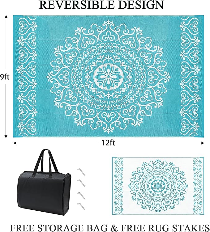 Pauwer Outdoor Rug 9x12, Waterproof Plastic Straw Camping Rug, Floral Teal | Reversible Patio Rug, UV Resistant Indoor Outdoor RV Mat Carpet For Deck, Camper, Porch, Balcony, Backyard, Picnic, Foldable