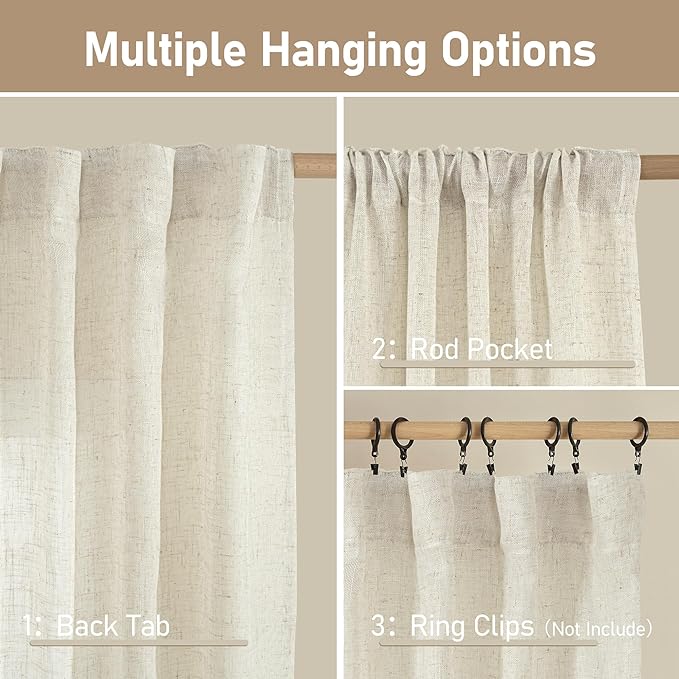 LAMIT Short Linen Curtains 36 Inch Length for Half Window, Cream Ivory Semi Sheer Light Filtering Panels Back Tab and Rod Pocket Drapes for Basement/Kitchen, 2 Panels, 25 x 36 Inch