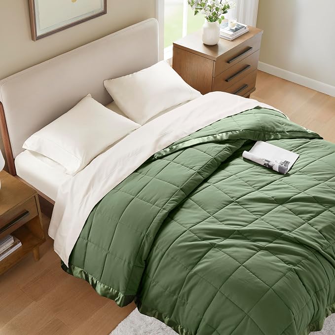 Madison Park Down Alternative Queen Blanket for Bed, Satin Trim, Green | Lightweight Windom Blanket Full Size Premium 3M Scotchgard Moisture Wicking Treatment, OEKO TEX, Soft Bed Cover, All Season