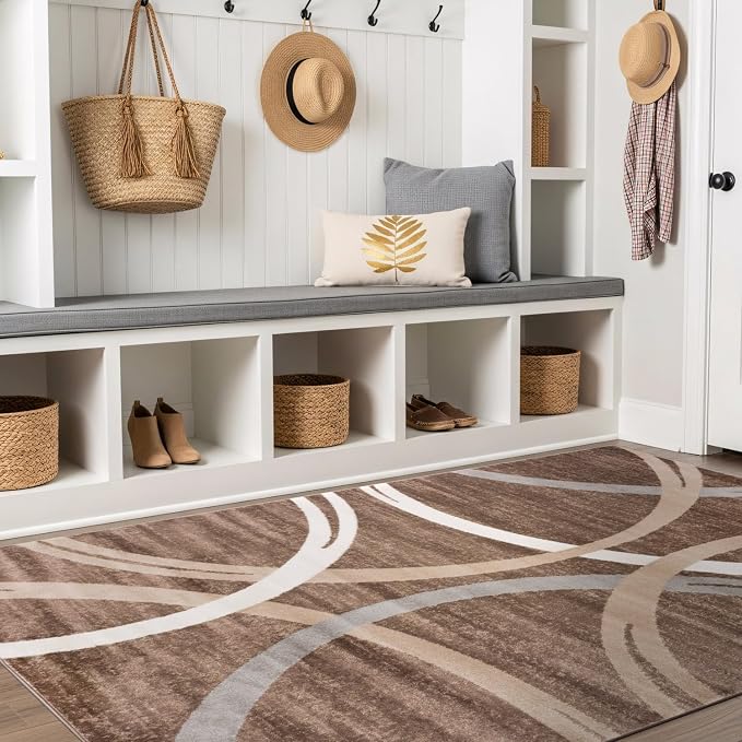 Rugshop Wavy Circles Modern Fade-Resistant Area Rug Brown 3'3" x 5' | Rectangular, Size 3'3" x 5', Living Room, Bedroom, Dining Room, Home Office, Kitchen, Entryway, Hallway, Nursery, Kids Room