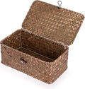 Hipiwe Wicker Shelf Baskets Bin with Lid, Handwoven Seagrass Storage Boxes | Rectangular Household Basket Boxes for Shelf Wardrobe Home Organizer, Coffee X-Small