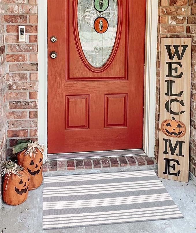 Grey and White Striped Doormat 24'' x 35'' Front Porch Rug Machine Washable Indoor Outdoor Doormat for Front Porch Hand-Woven Entryway Rug for Laundry/Bathroom/Bedroom