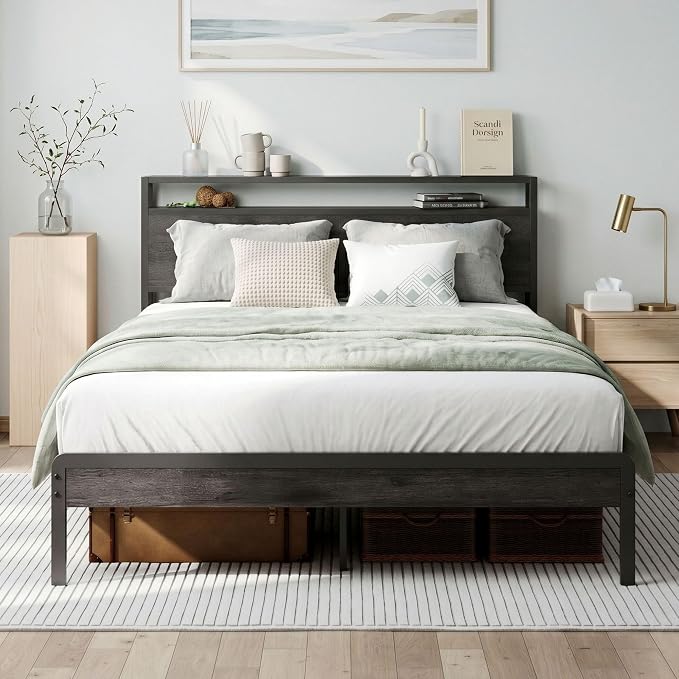 LIKIMIO Full Size Bed Frame with 2-Tier Storage Shelf Headboard | Dark Wood Platform Bed, Camas Full with Strong Metal Supports, Sturdy, Noise-Free, No Box Spring Needed, Grey