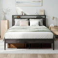 LIKIMIO Full Size Bed Frame with 2-Tier Storage Shelf Headboard | Dark Wood Platform Bed, Camas Full with Strong Metal Supports, Sturdy, Noise-Free, No Box Spring Needed, Grey
