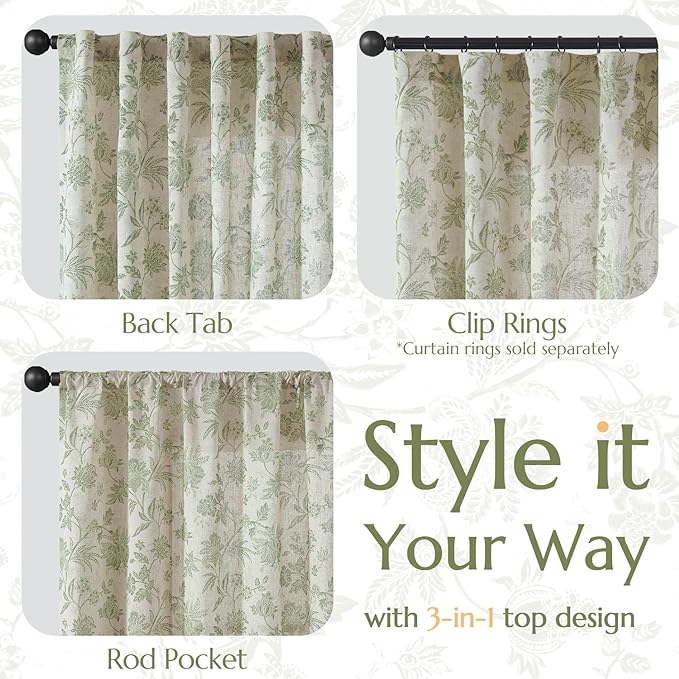 jinchan Linen Floral Curtains for Living Room with Printed Flower 84 Inches Long Light Filtering French Country Back Tab Rod Pocket Sage Green Window Curtain Set Farmhouse Drapes 2 Panels