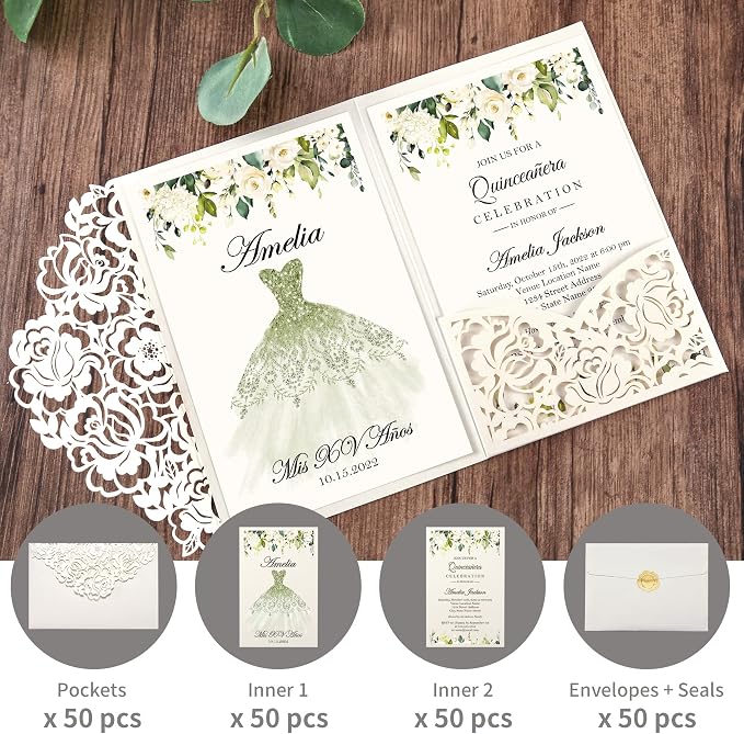 DORIS HOME 50Pcs Personalized Laser Cut Quinceanera Invitations, Ivory | 4.7"x7.1", Customized Quince Invitations, For 15th Birthday, Sweet 16, With Envelopes