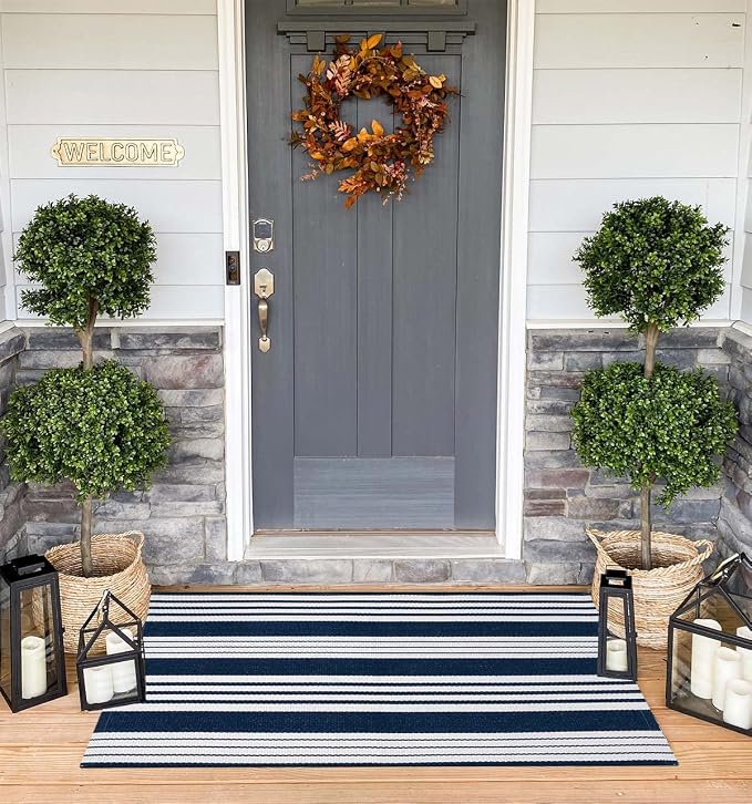 Blue and White Striped Rug 24'' x 51''Outdoor Front Porch Rug Cotton Woven Machine WashableLayered Door Mats for Entryway/Bedroom/Outdoor