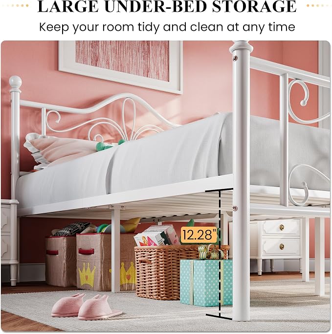 SHA CERLIN Twin Size Metal Bed Frame with Butterfly Headboard, White | Metal Platform Bed for Kids, Wrought Iron-Art Headboard/Footboard, Under-Bed Storage, No Box Spring Needed, Easy Assembly