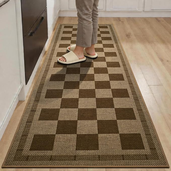 Vasofe 2x6 Jute Checkered Rugs, Outdoor Runner, Runner Rug for Hallway | Washable Patio Porch Balcony Runners Indoor Bedroom Kitchen Laundry Mat, Non Slip Plaid Farmhouse Carpet, Nature and Brown