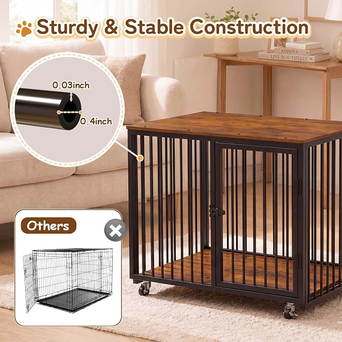 37" Dog Crate Furniture, Wooden Dog Kennel Indoor w/Storage(Rustic Brown) | Heavy Duty Pet Cage Indoor for Small & Medium Dogs, Dog Kennel with Storage Shelf, 4 Lockable Wheels and Stairs, Loft-Style