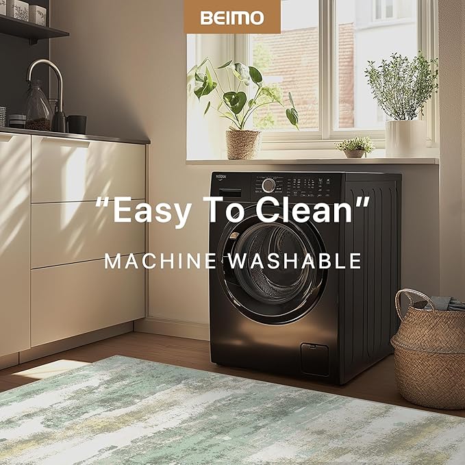 BEIMO 3x5 Rugs for Entryway Entrance Kitchen, Machine Washable Modern Abstract Soft Area Rug, Low Pile Indoor Floor Carpet with Non Slip Backing, Light Green/Cream