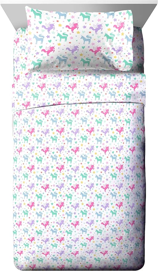 Trend Collector Twin Comforter Set 4 Piece Kids Unicorn Bedding, White | Bed in a Bag, Comforter Sheets Pillowcase, Official Product, Soft Microfiber, Machine Washable, Easy Care, Girls Gift