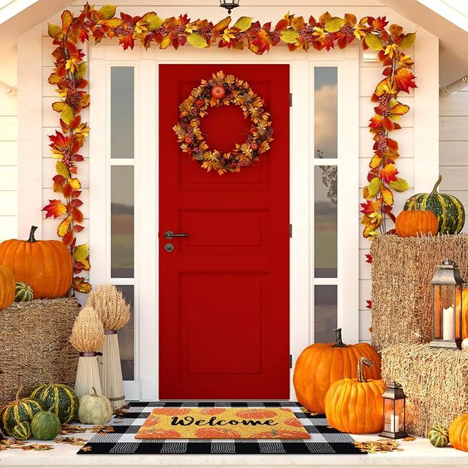 Geelin 2 Pcs Fall Front Door Mat Welcome Mat Outdoor Decorative Doormat Non Slip Buffalo Checkered Rug for Indoor Outdoor(Welcome Pumpkin)