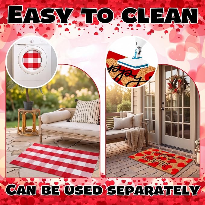 Moucuny 2 Pcs Valentine's Day Coir Welcome Doormat Valentine's Day Rug Outdoor Layered Buffalo Plaid Red and White Mat Red Heart Mat for Front Porch Outdoor Entryway