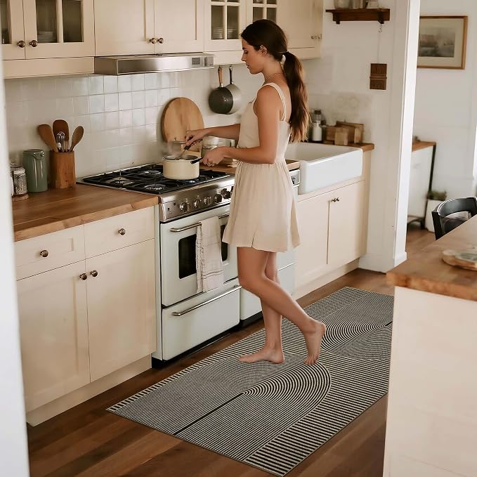 Non-Slip Jute Rug for Entryway: 3x5 Outdoor Mat - Black Curve Pattern | Safe Walking for Family All Day and Help with Cutting Slip Falls by 70%