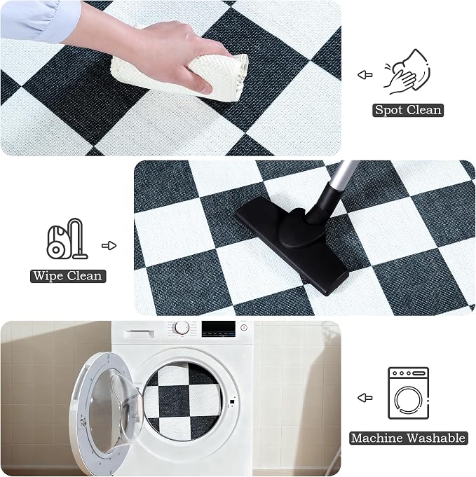 2.5x8 Jute Checkered Runner Rugs, Outdoor Runner Rug, Washable Hallway Rug | Patio Porch Balcony Runners Indoor Bedroom Kitchen Laundry Mat, Non Slip Plaid Farmhouse Carpet, Black and White