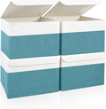 Bagnizer Large 22 Quart Linen Fabric Foldable Storage Bin Cube Organizer Basket with Flip-Top Lid & Handles, Clothes Blanket Box for Home, Office, Closet, Teal & White, 4 Pack 14.6 x 9.5 x 9.5