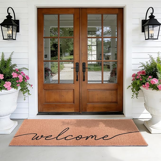 Welcome Extra Long Doormat for Double Door Entrance, 24x59 Inch | Oversized Modern Minimalist Welcome Mat, Large Heavy Duty Front Porch Rug, Non Slip PVC Backing, for Indoor Outdoor Entryway