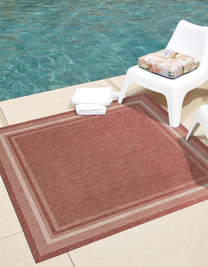 Unique Loom Outdoor Border Collection Area Rug - Soft Border (5' 3" Square Rust Red/Ivory)