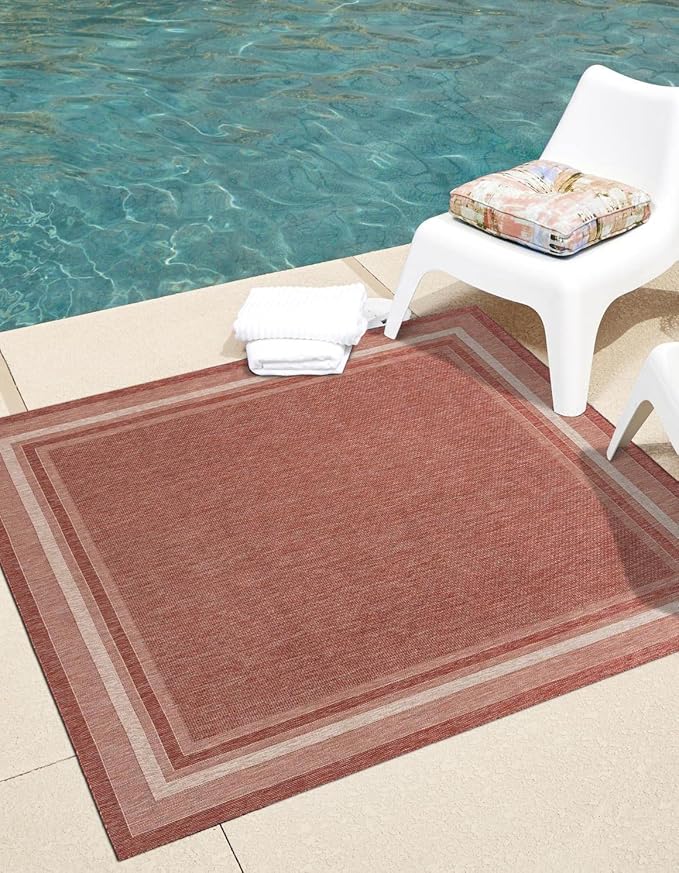 Unique Loom Outdoor Border Collection Area Rug - Soft Border (10' Square Rust Red/Ivory)