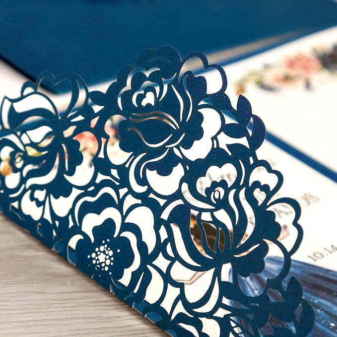 DORIS HOME 50Pcs Personalized Laser Cut Quinceanera Invitations, Blue | 4.7"x7.1", Customized Quince Invitations, For 15th Birthday, Sweet 16, With Envelopes