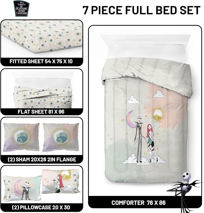 Disney Nightmare Before Christmas Full Comforter Set 7 Piece, Multi | Jack Skellington Sally, Bed in a Bag, Comforter Sheets Shams Pillowcases, Soft Microfiber, Machine Washable, Girls Gift