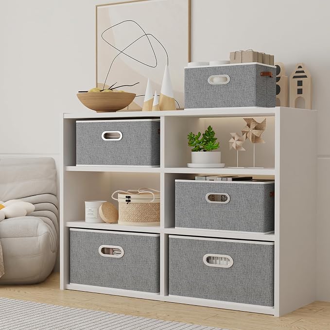 Yawinhe Collapsible Fabric Storage Bins,15.0x9.8x8.3in,Grey,6-Pack | Foldable Storage Baskets for Shelves, Closet Boxes for Organization, Washable Closet Organizer for Towels, Canvas Bins