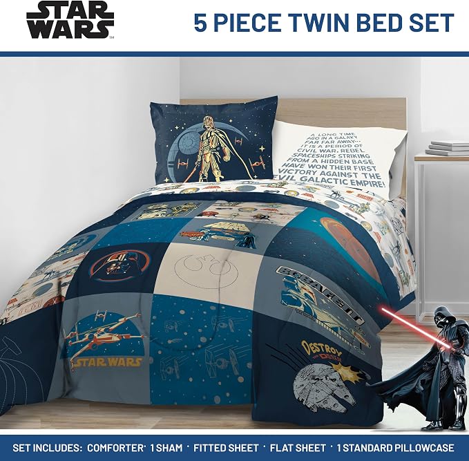 Jay Franco Star Wars Twin Comforter Set 5 Piece Soft Bedding for Boys, Blue | Darth Vader Yoda, Bed in a Bag, Comforter Sheets Sham Pillowcase, Official Product, Microfiber, Machine Washable, Boys Gift