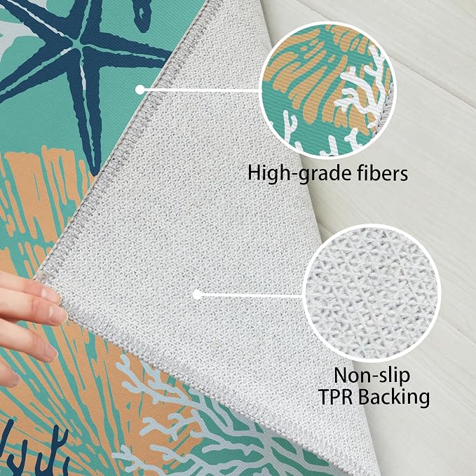 Tritard Coastal Area Rug 3x5 - Small Machine Washable Foldable Throw Rugs Non-Slip Beach Ocean Entryway Indoor Entrance Carpet for Kitchen Bathroom Laundry Bedroom Living Room, Teal and Turquoise