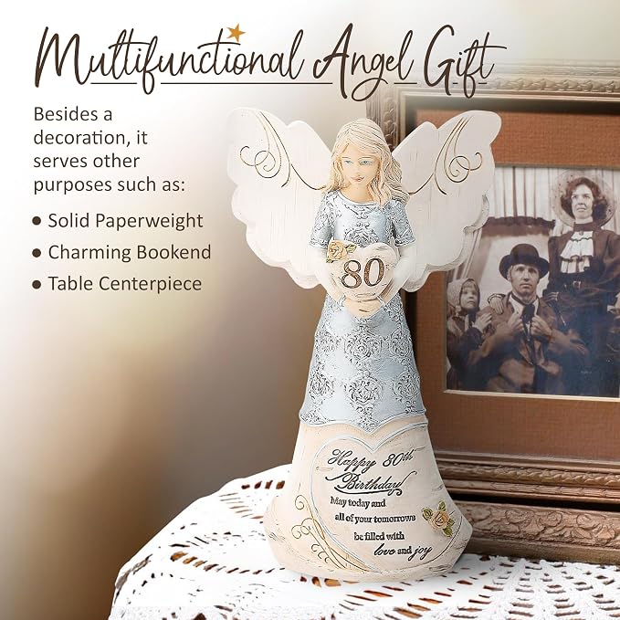 Pavilion 'Happy 80th Birthday' 82475 Elements Angels - Polyresin Birthday Angel Figurine - Silver Hand-Painted Remembrance and Keepsake Gift Angel for Grandmothers, Mothers, Aunts, Friends, Women