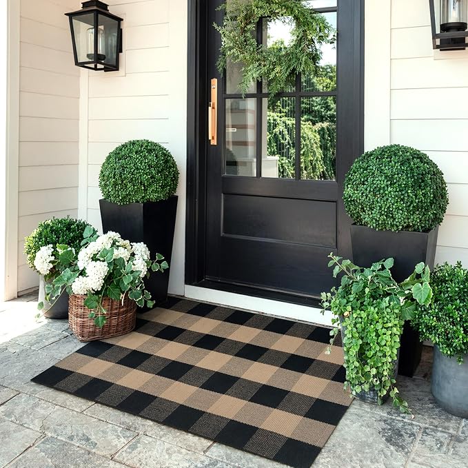 KIMODE Front Door Mat 27.5"x43",Black and Tan Checkered Outdoor Rug,Farmhouse Fall Front Porch Rug Decor,Cotton Woven Washable Layered Doormats for Front Door Outside Entrance