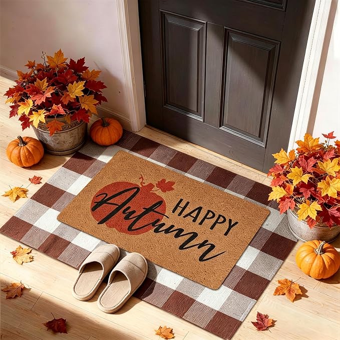 2 Pcs Autumn Outdoor Doormat Welcome Coir Doormat Rug Layered Red White Buffalo Plaid Mat for Front Porch Entryway
