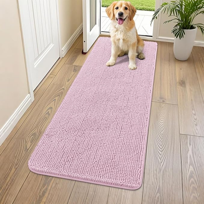 Smiry Dog Door Mat for Muddy Paws 59x20, Absorbent Dirt Trapper, Non-Slip Washable Chenille Entryway Rug for Inside Floor, Dusty Rose, Classic Solid