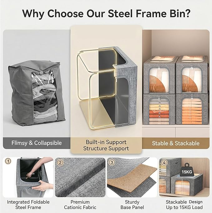 GoMaihe Blanket Storage Bins with Metal Frame for Closet, 55L 4-Pack Grey | Clothing Comforters Bedding Winter Coat, Closet Top Shelf, Collapse-Proof Stackable, Clear Window, Dual Access Space Saving