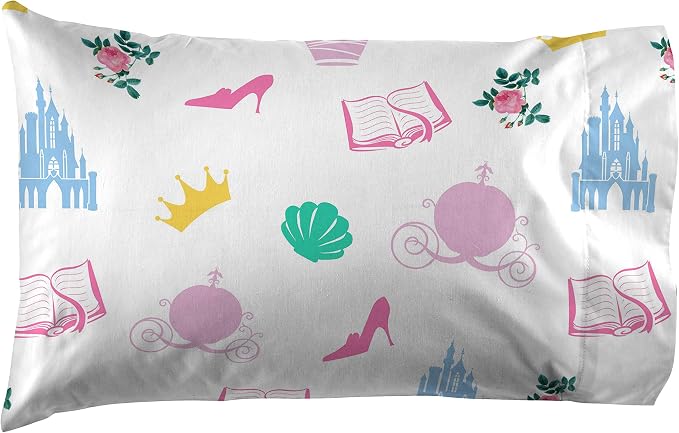 Disney Princess Twin Comforter Set 4 Piece Kids Bedding for Girls, Pink | Bed in a Bag, Comforter Sheets Pillowcase, Official Product, Soft Microfiber, Machine Washable, Easy Care, Girls Gift