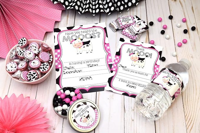 Amanda Creation Deluxe Heard the Moos Pink Cow Birthday Party Bundle Includes 20 Invitations & Thank You Cards with Envelopes + Stickers, Mini Candy Bar Wrappers, & Water Bottle Labels!