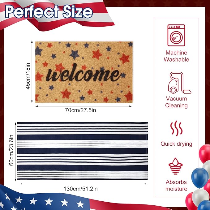 2 Pcs 4th of July Doormat 24'' x 51'' Patriotic Outdoor Rug and 18'' x 28'' Red Blue Star Coir Doormat Welcome Mat Independence Day Non Slip Floor Mat for Entrance Front Porch